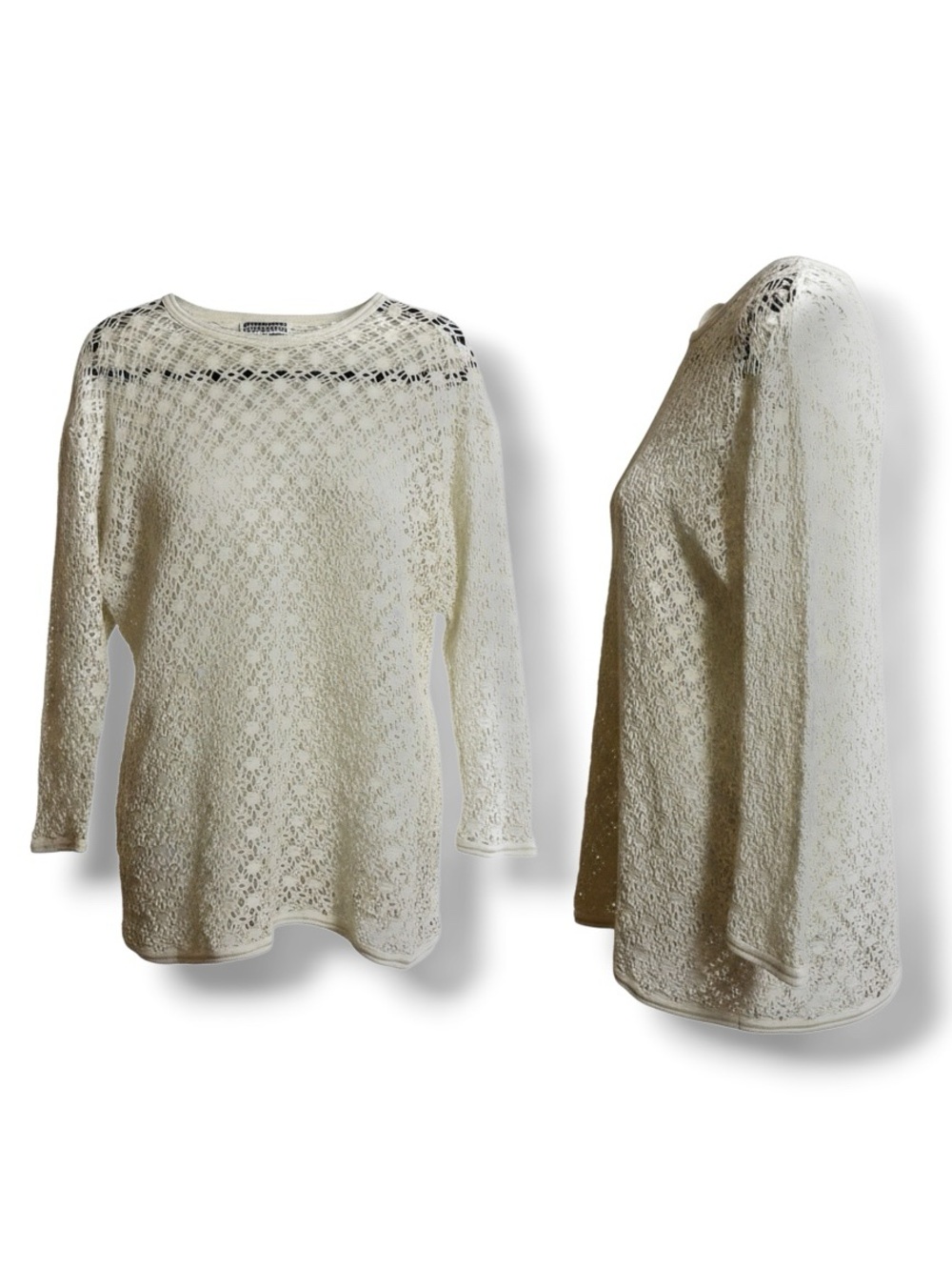 Vintage 80s White Open Knit Crochet Lace Long Sleeve Crew Beach Top Cover Up L